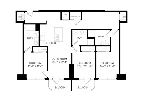 Floor plan for 3 beds, 3 baths, 1341 sqft